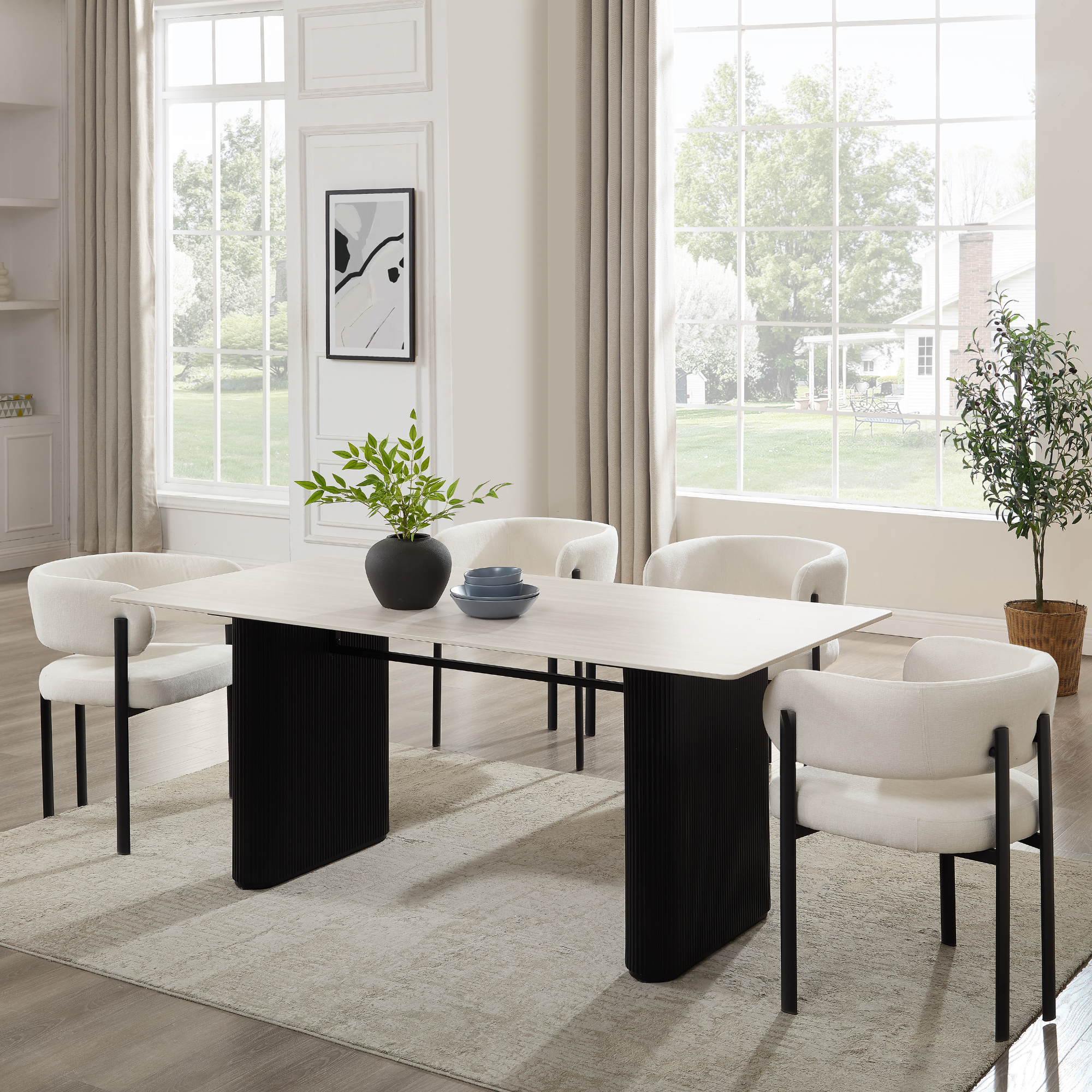 Elle Curved Ivory Linen Dining Chair With Black Frame